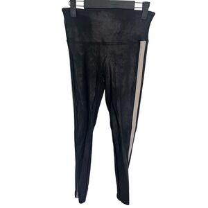 Spanx Women's Medium Striped Black White faux Leather Leggings Sexy Shiny